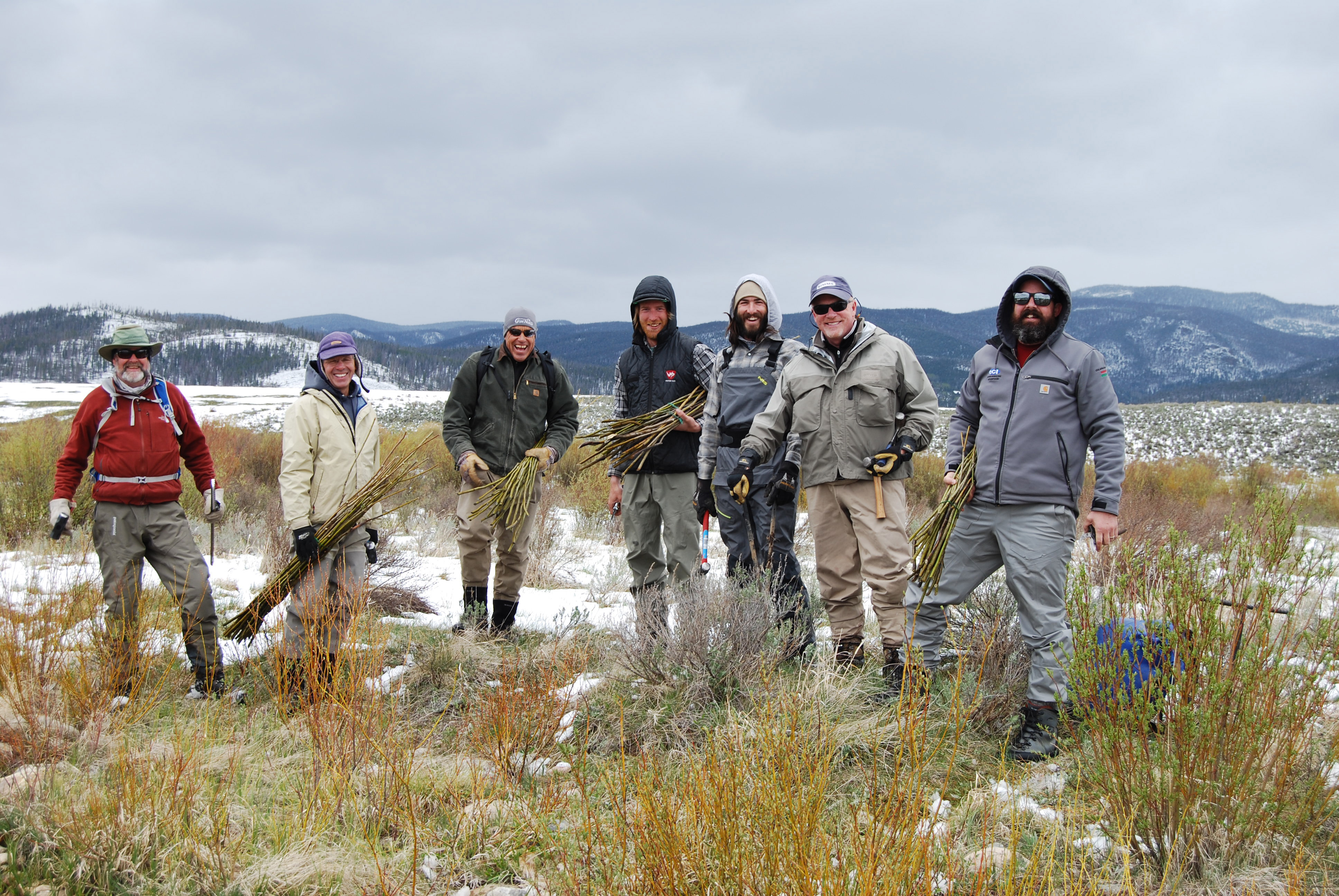On May 20 and 21 over 100 community volunteers helped plant 3,000 willows and 90 cottonwoods on the Fraser Flats as part of the Fraser Flats River Habitat stream restoration project. (L to R) Mark Eddy, Kent Wehmeyer, Kirk Klancke, Leif Eggert, Justin Glenn, Darrell Chambers and Jeff Keyes.